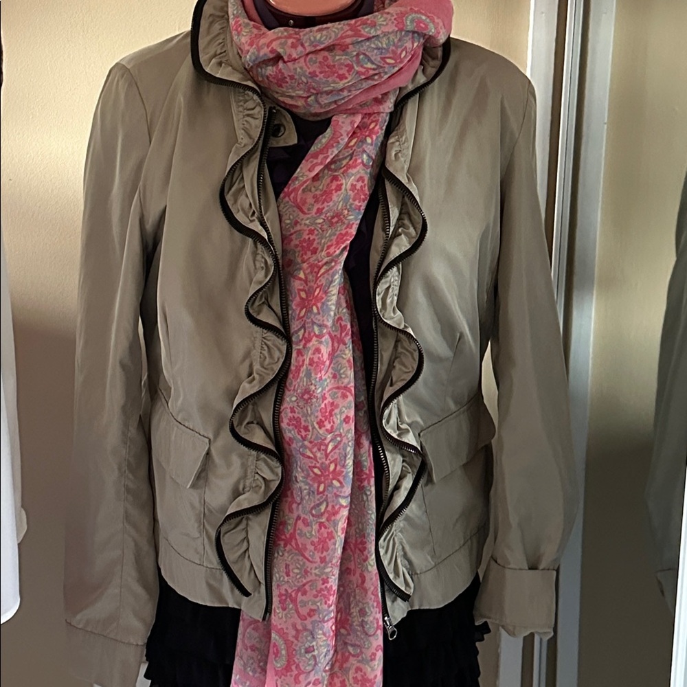 Light Taupe Ruffle-Trim Bomber Jacket - Brand: